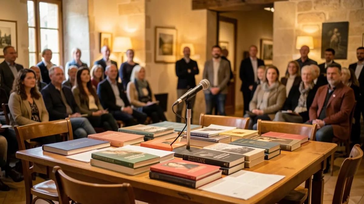 Image générique d'un salon du livre d'histoire avec des livres et un espace de discussion.