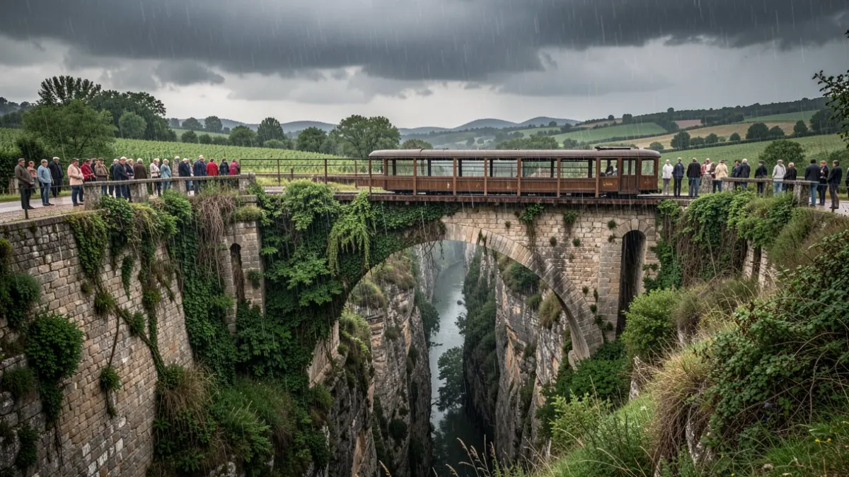 Vestiges du pont des vignes, un ancien pont de tramway dans les Alpes-Maritimes, sous un ciel pluvieux.