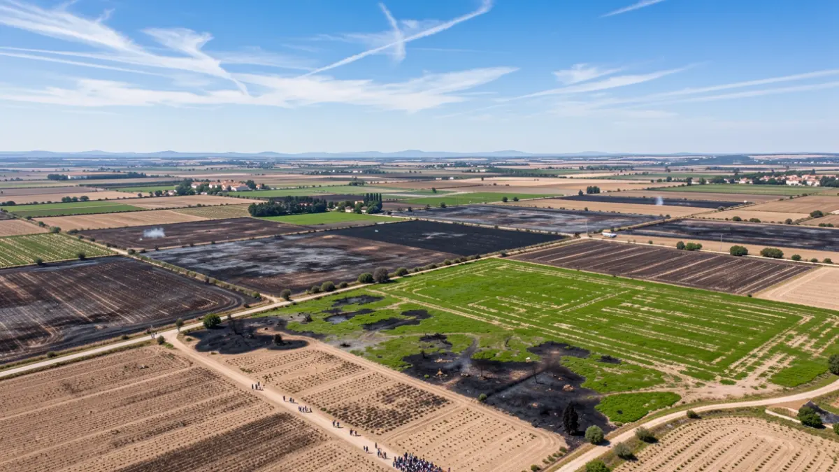 Aerial view of agricultural fields in the Var region, showing areas affected by drought and fires.