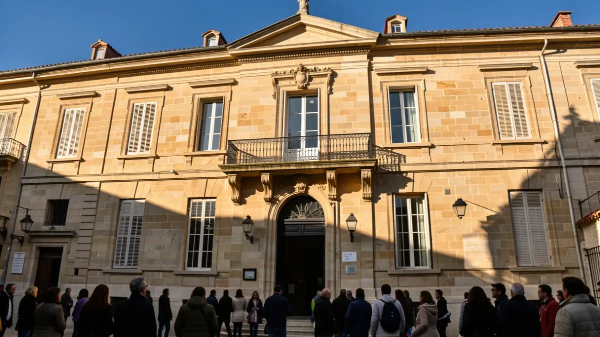 Facade of the Aix-en-Provence town hall, a historic stone building with an ornate balcony and iron railings, under the warm afternoon sun.