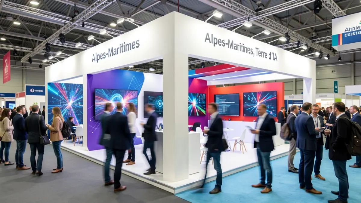 Stand d'exposition "Alpes-Maritimes, Terre d’IA" lors d'un festival technologique international.