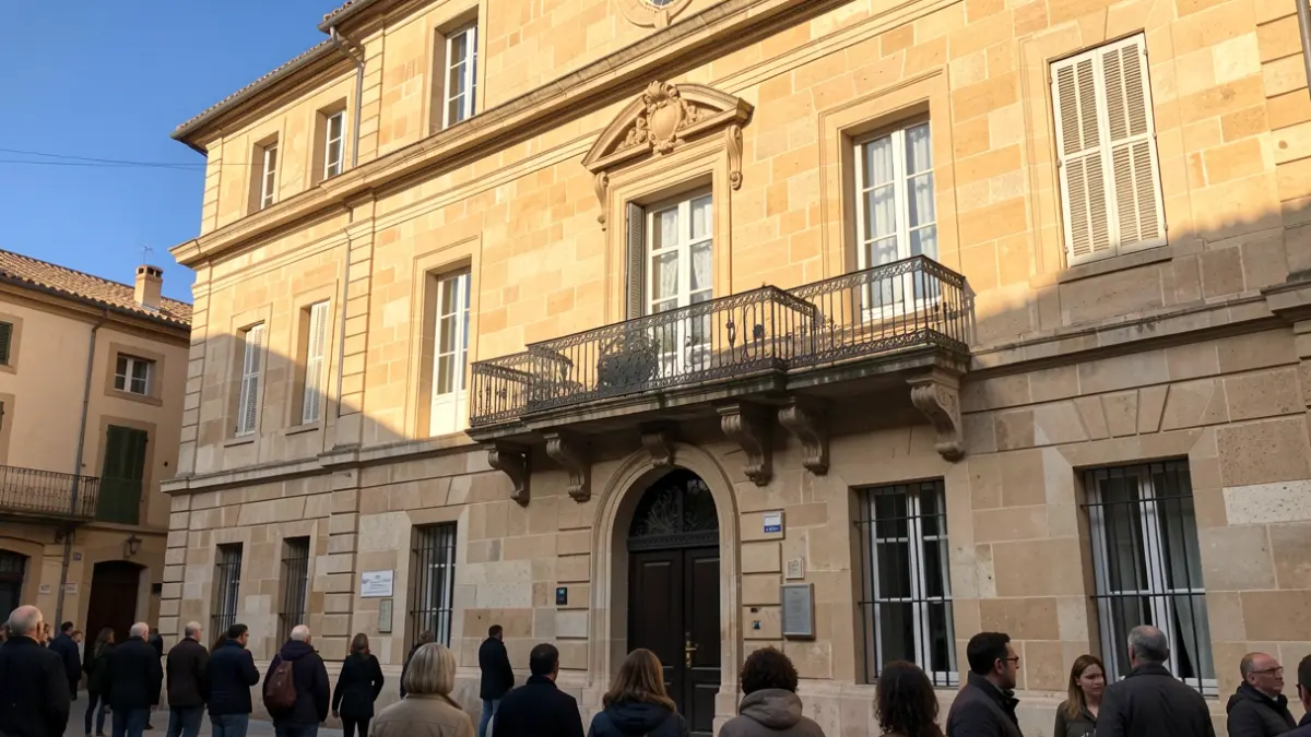 Façade de l'hôtel de ville d'Arles avec balcon et ciel bleu.