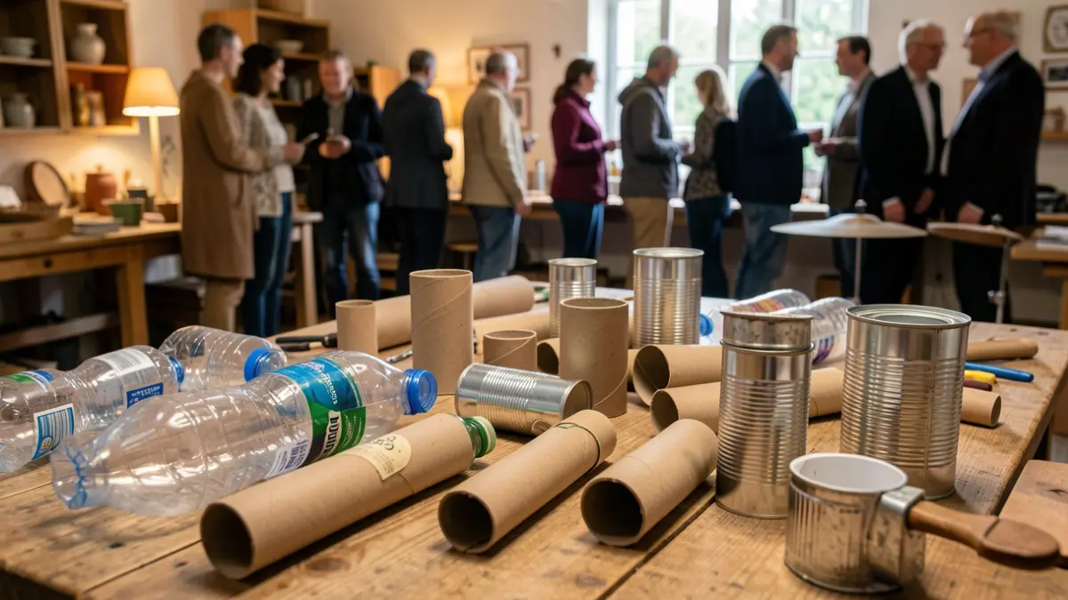 Matériaux recyclés disposés sur une table en bois pour un atelier de fabrication d'instruments de musique.