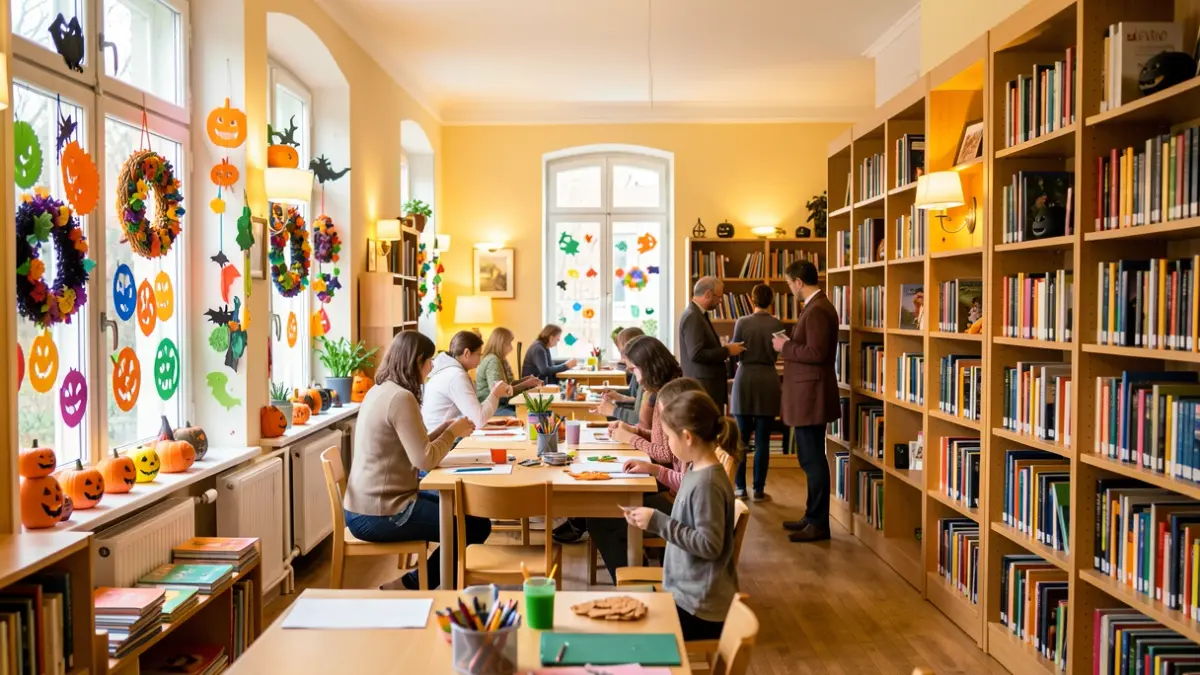 Halloween creative workshop in a library, with colorful decorations and craft supplies.