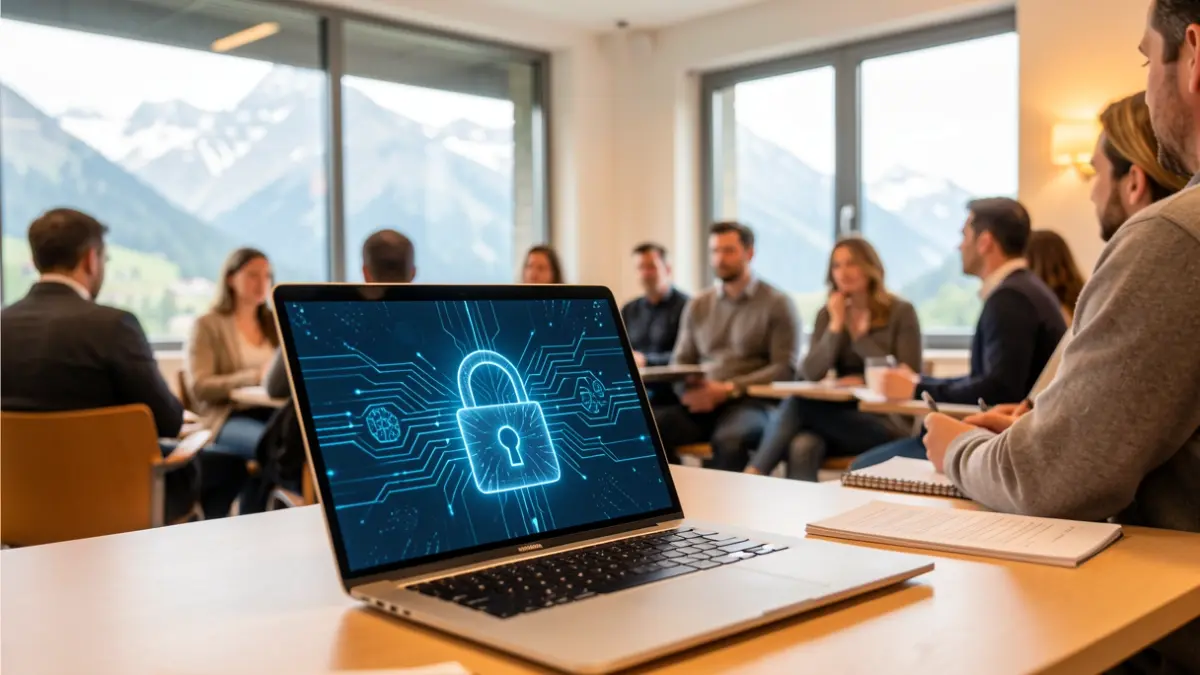 Generic image of a cybersecurity workshop in a bright room with digital visuals and a glimpse of the Écrins landscape.