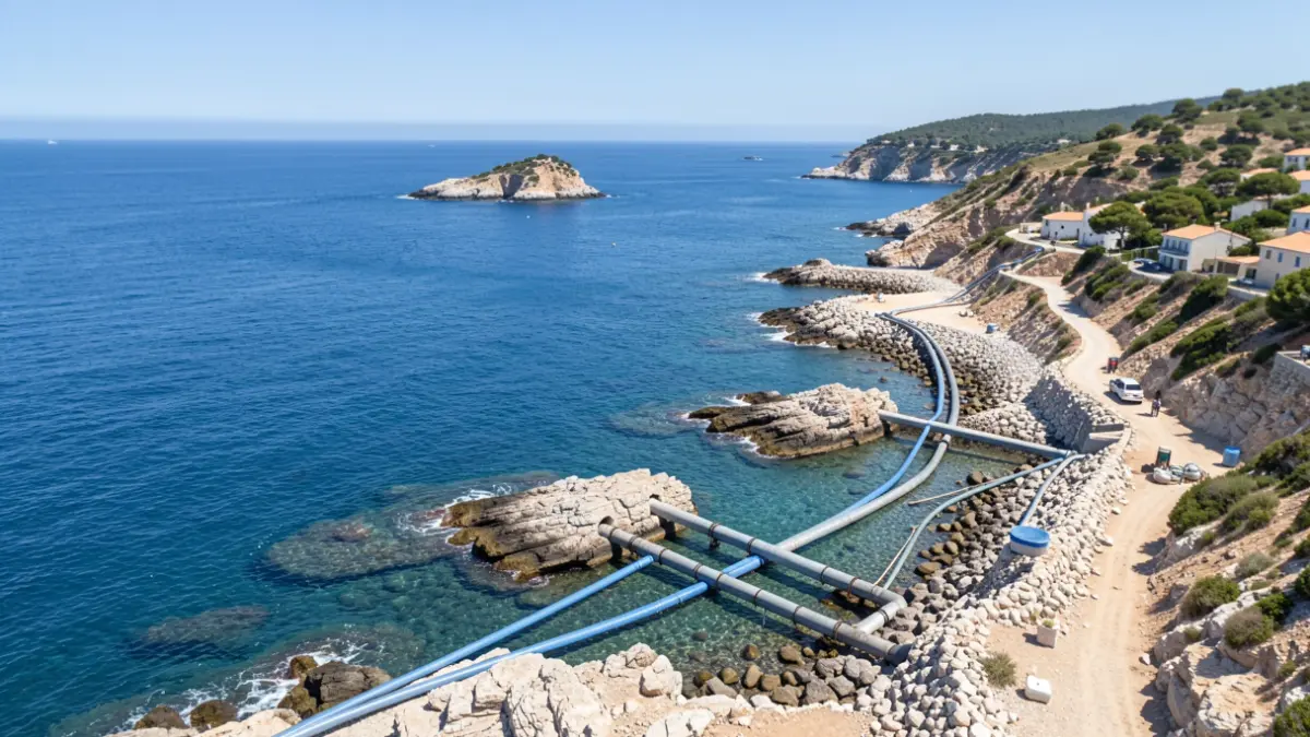 Aerial view of the Mediterranean coast near Bandol, France, showing the rehabilitation of secondary outfall pipes.