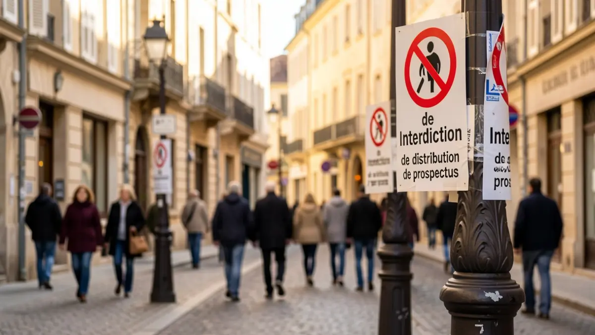 Image générique d'une rue avec des panneaux d'interdiction de distribution de prospectus.