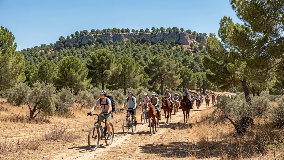 Jeunes patrouillant à vélo et à cheval dans un massif forestier méditerranéen ensoleillé.