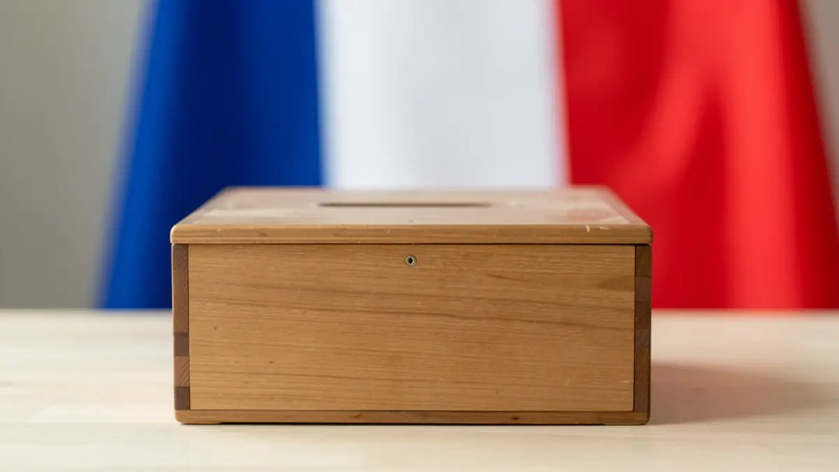Generic image of an empty ballot box with a blurred French flag.