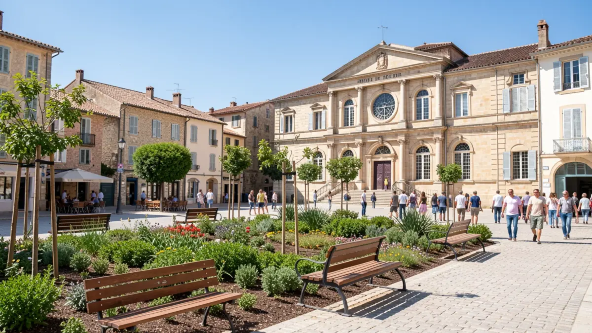 Image générique de la ville de Carpentras mettant en valeur le square Pasculin rénové et l'Hôtel-Dieu.