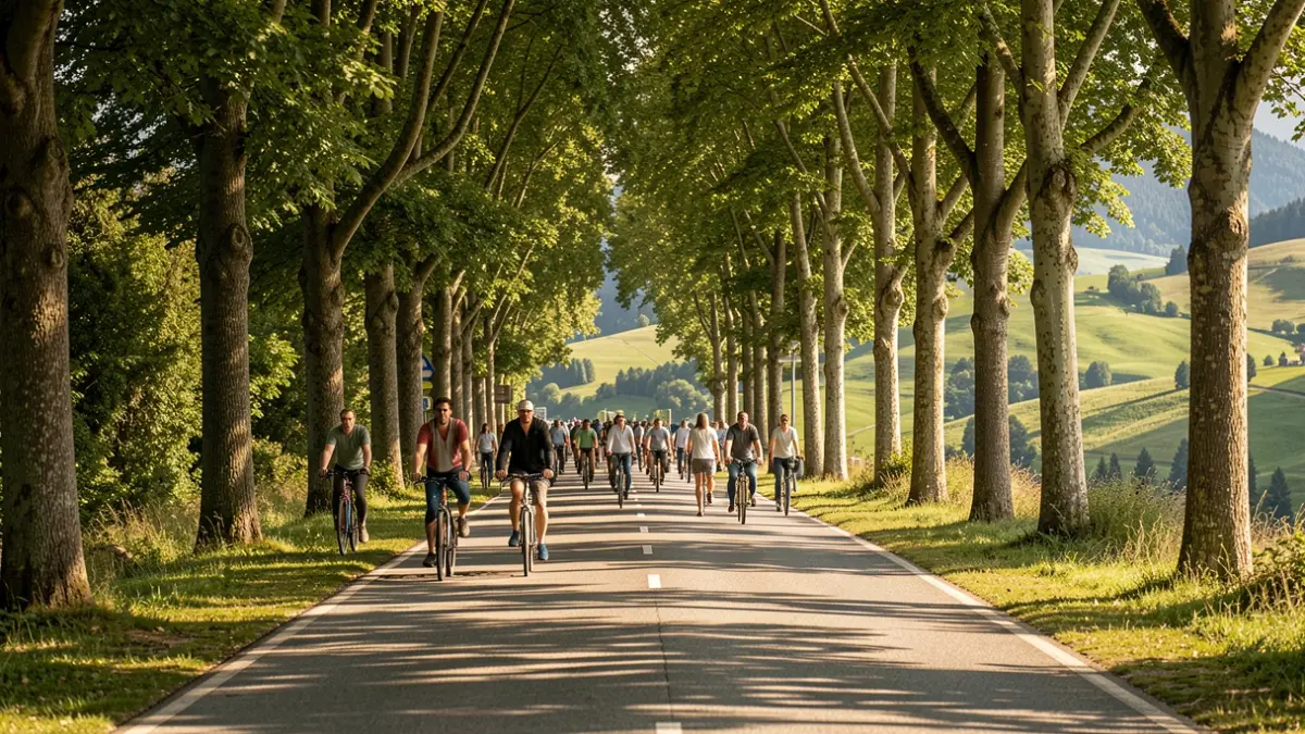 Image d'une route de campagne paisible dans les Alpes du Sud, fermée à la circulation automobile et ouverte aux mobilités douces, baignée par la lumière du soleil d'après-midi.