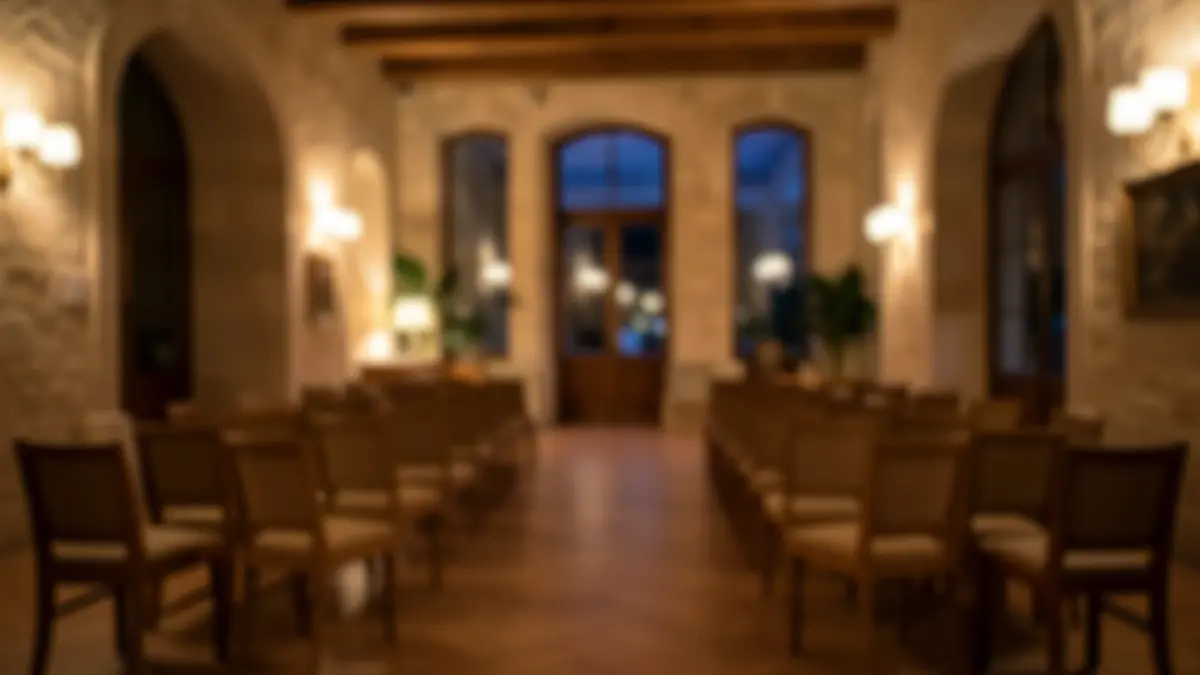 Generic image of a cultural center foyer in the evening.