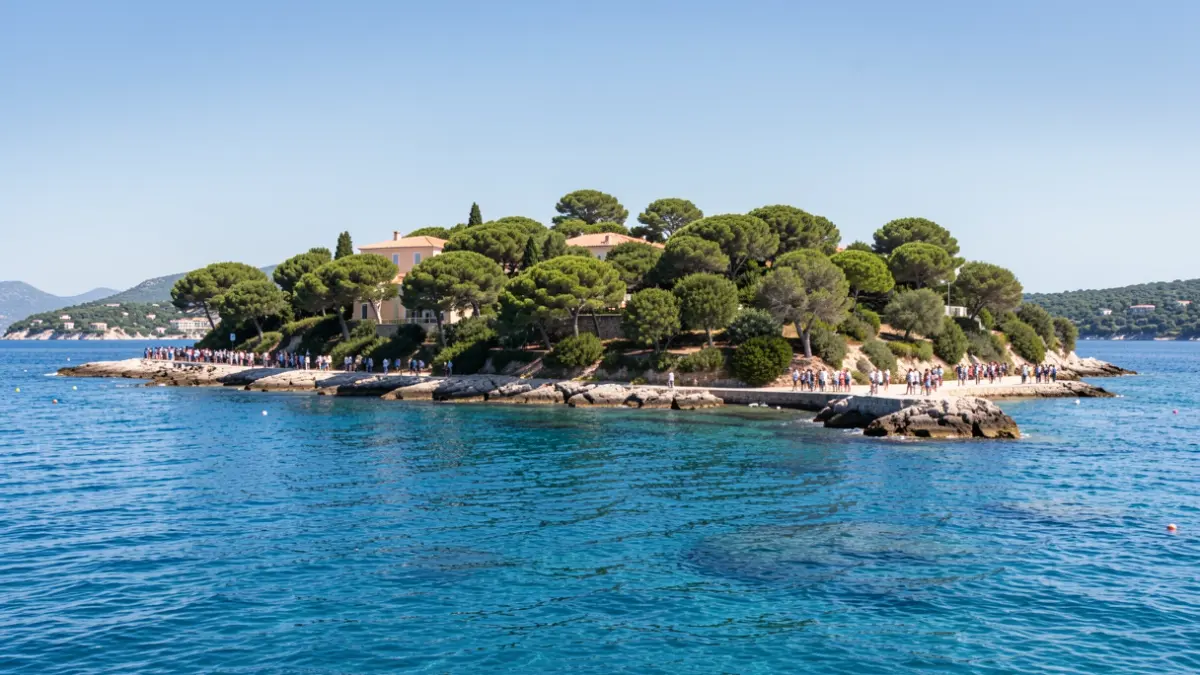 Île de Porquerolles sur la Côte d'Azur, paysage idyllique avec mer bleue et végétation luxuriante.