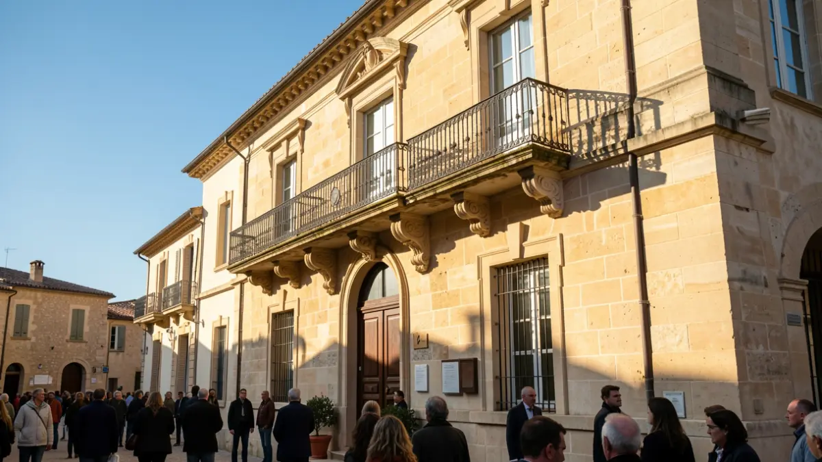 Façade en pierre de la mairie de Peynier avec balcon et ciel bleu.