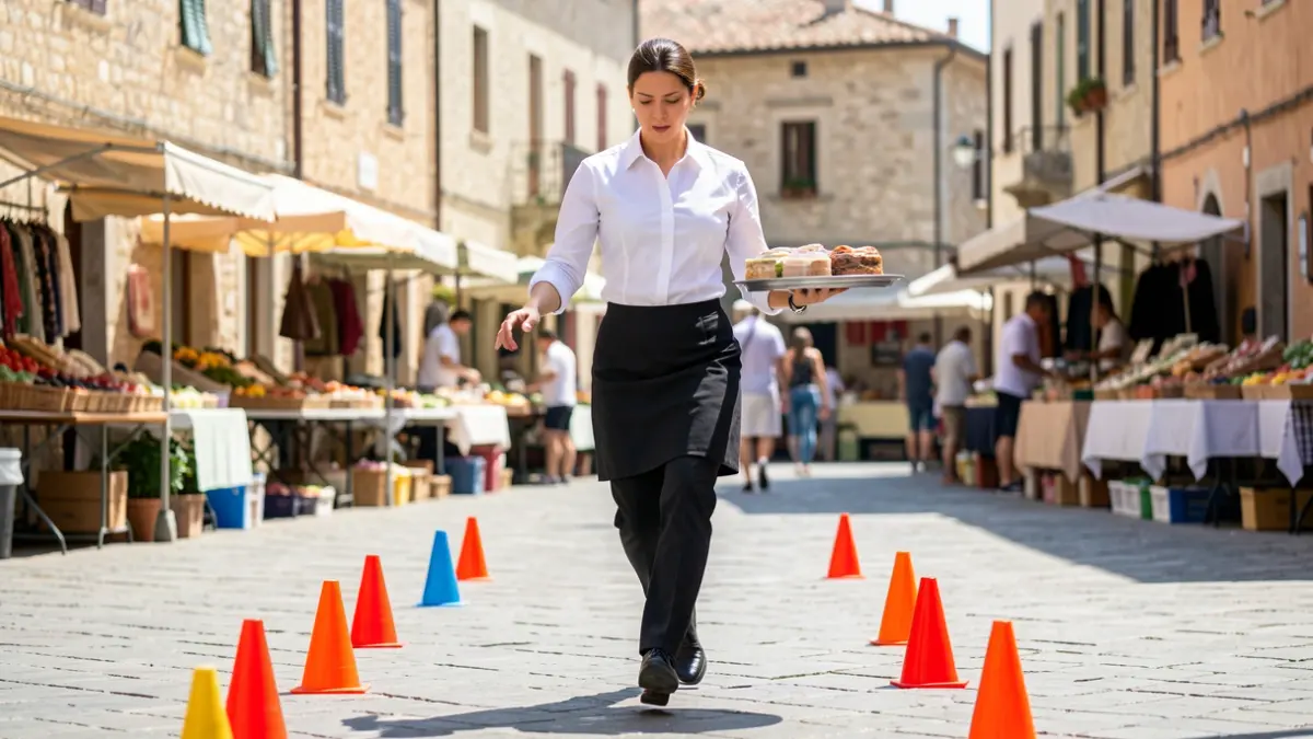A waiter or waitress participating in an agility race with a loaded tray in a sunny market square.