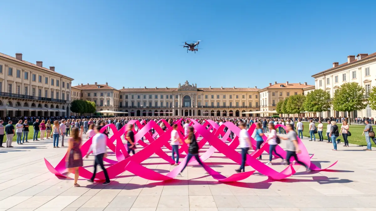 Image générique d'un ruban rose humain géant formé par des participants sur une esplanade universitaire.