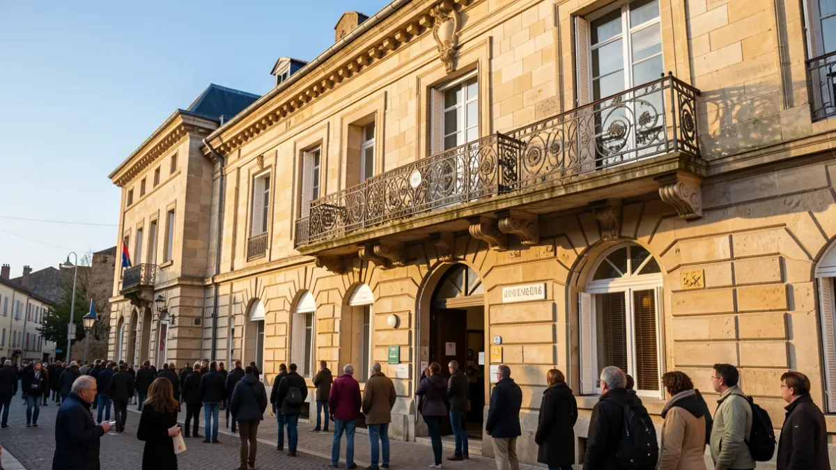 Façade en pierre d'un hôtel de ville de Provence-Alpes-Côte d'Azur avec balcon en fer forgé, soleil d'après-midi.