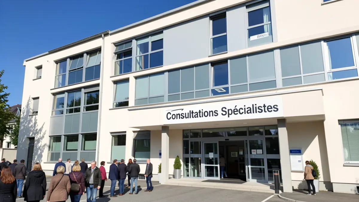 Façade de l'hôpital d'Embrun avec le panneau 'Consultations Spécialistes'.