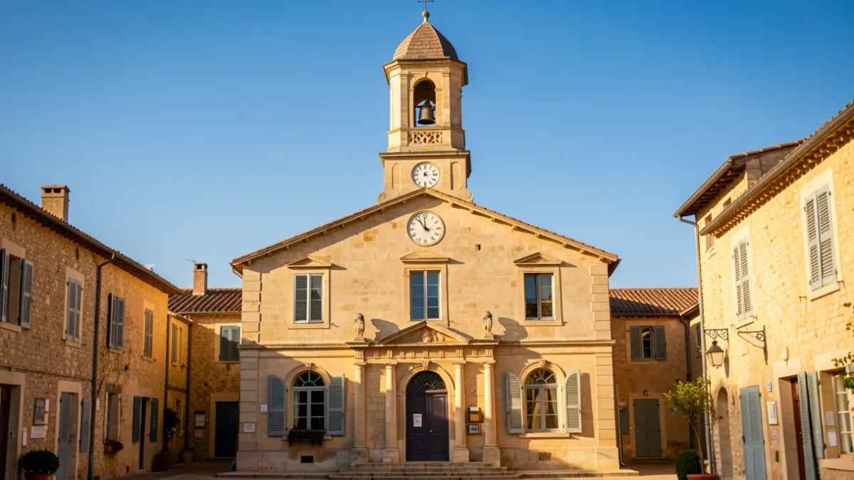 Facade of the Sainte-Cécile-les-Vignes town hall with its clock tower.