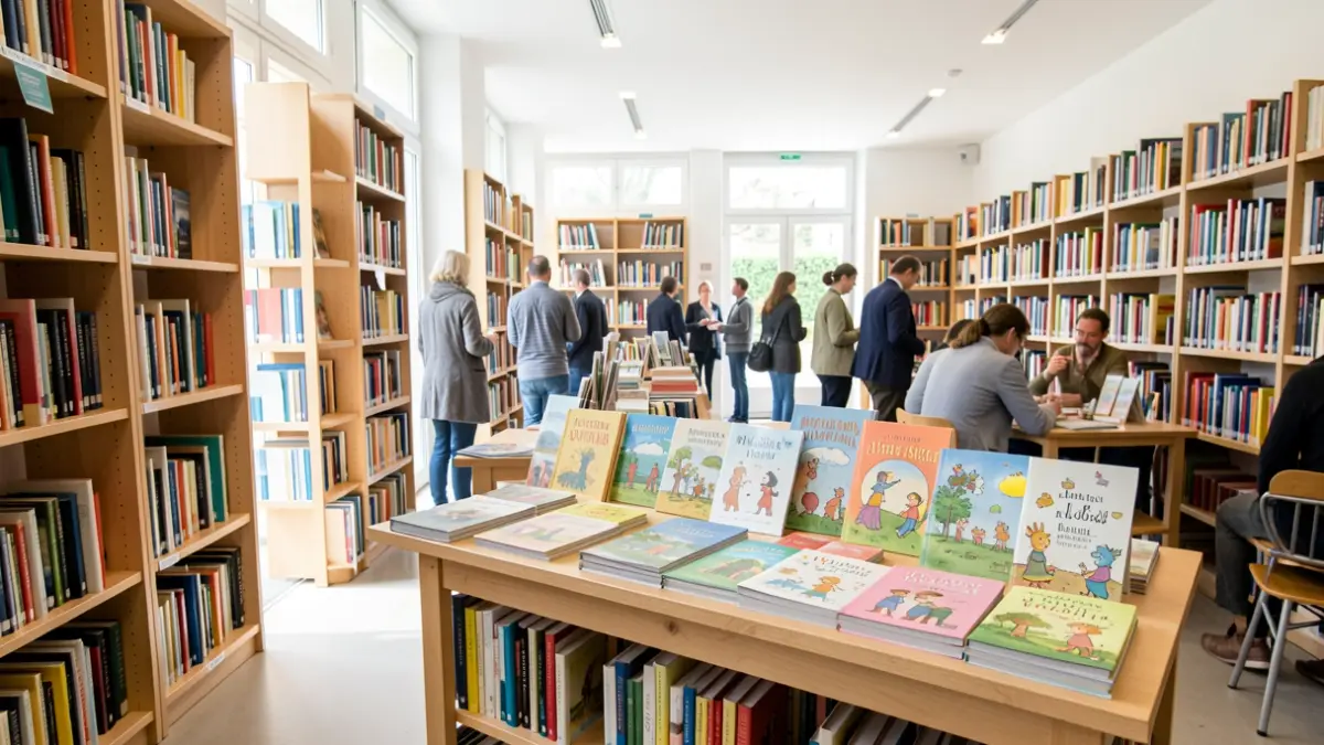 Interior of a library in Saint-Jeannet featuring an exhibition of illustrated stories.