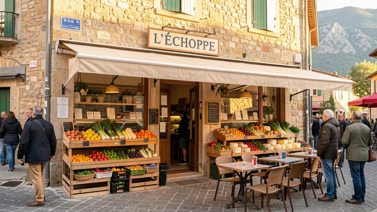 Façade de l'épicerie-bar 'L'Échoppe' à Falicon, avec sa terrasse ombragée et ses produits locaux.