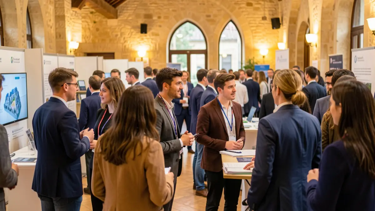 Image générique d'un forum d'entreprises avec des étudiants et des représentants d'entreprises échangeant dans un hall lumineux.