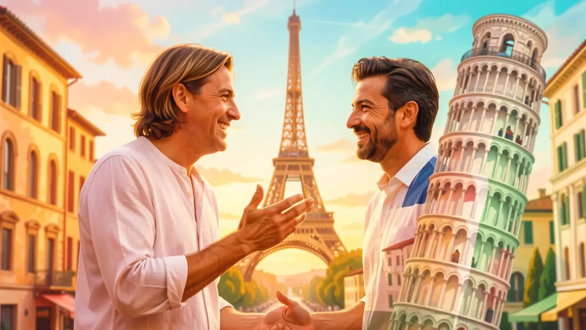 Représentation stylisée d'un débat amical entre la France et l'Italie, avec des symboles iconiques.
