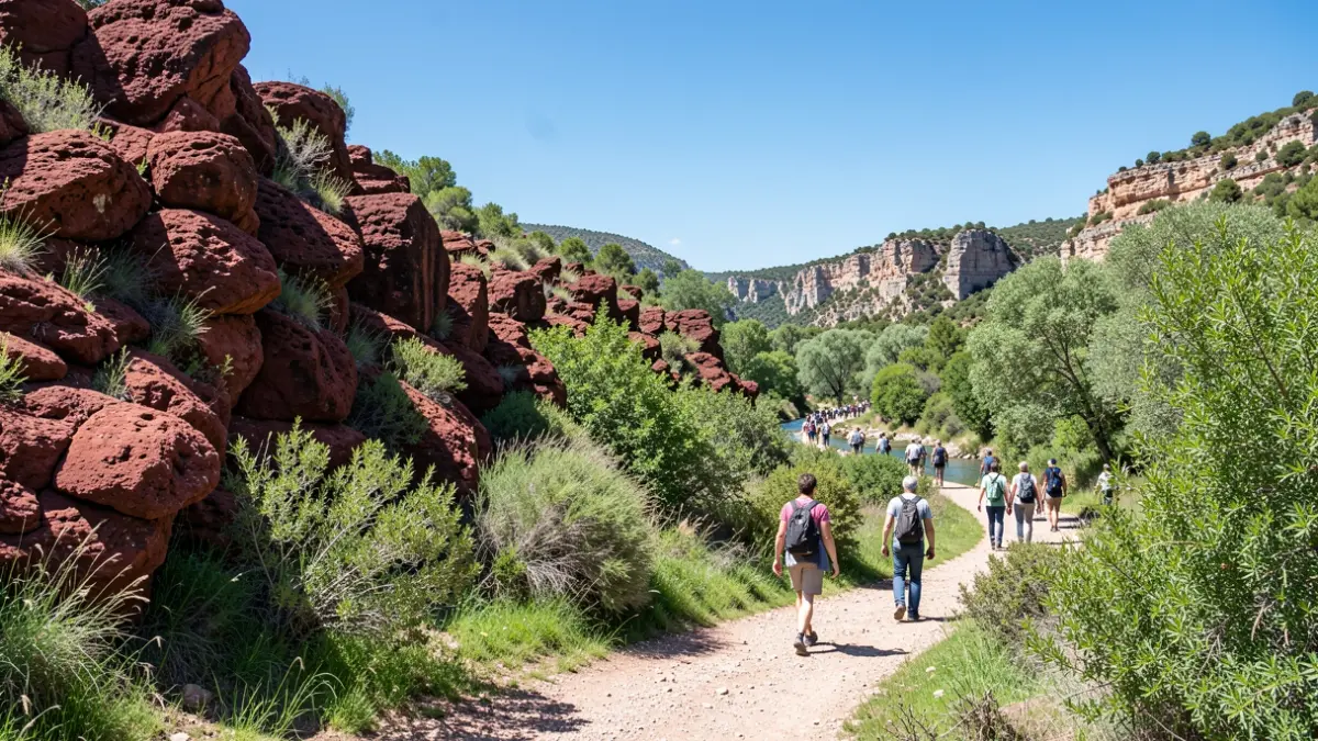 Hiking landscape with red rocks and lush vegetation in the Var region.