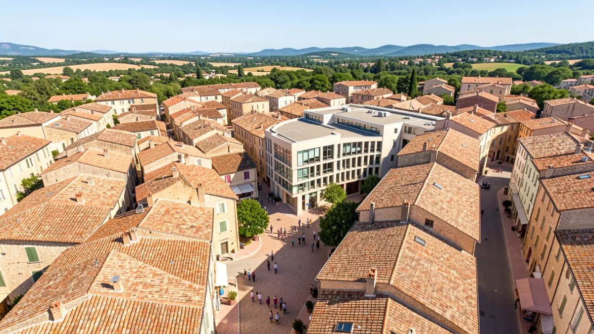 Aerial view of a historic town center in Provence-Alpes-Côte d'Azur, with terracotta roofs and narrow streets, a modern university building integrated into the old architecture, bright Mediterranean sunlight, no people visible.