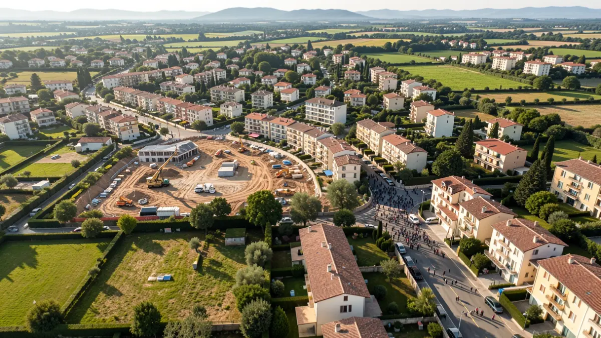 Vue aérienne d'un quartier en renouvellement urbain à Grasse, France, avec des zones de construction et des espaces verts.