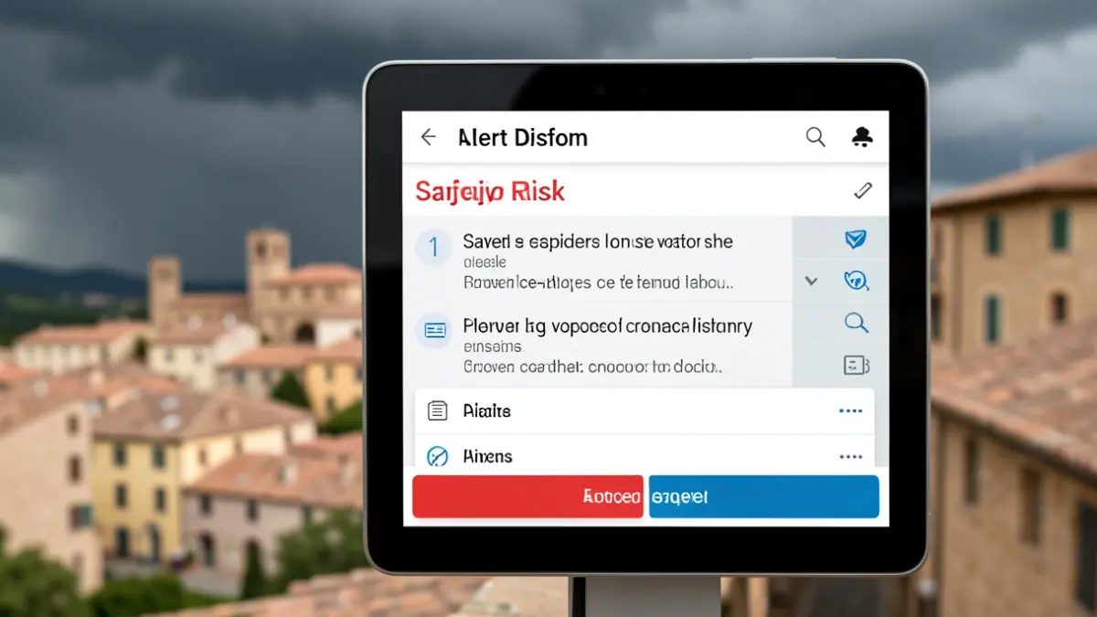 Tele-alert system interface displaying safety instructions for a major risk, with the town of Graveson blurred in the background under a stormy sky.