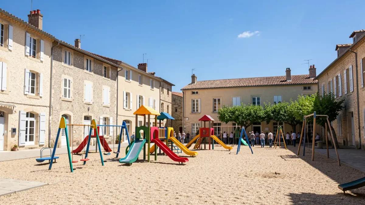 Generic image of an empty schoolyard in a Provençal village.