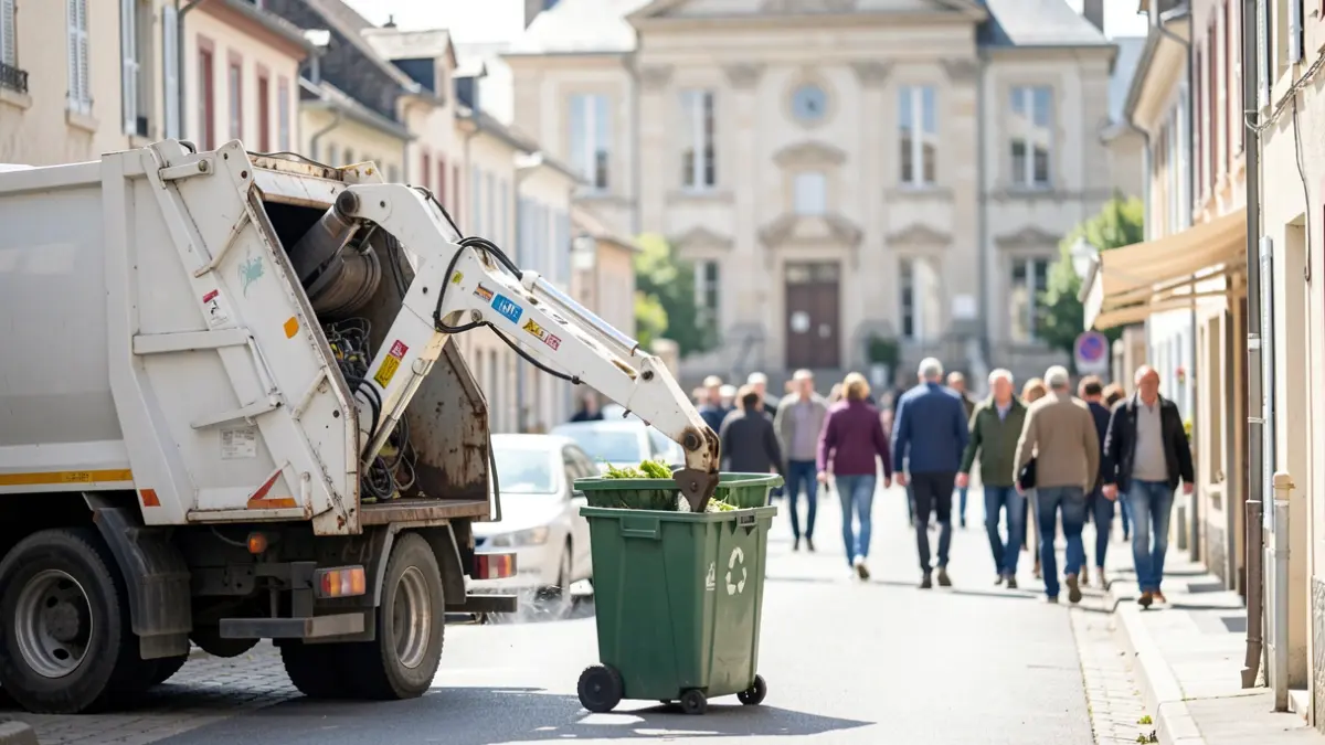 Garbage collection truck picking up a recycling bin on a street in Sarrians.