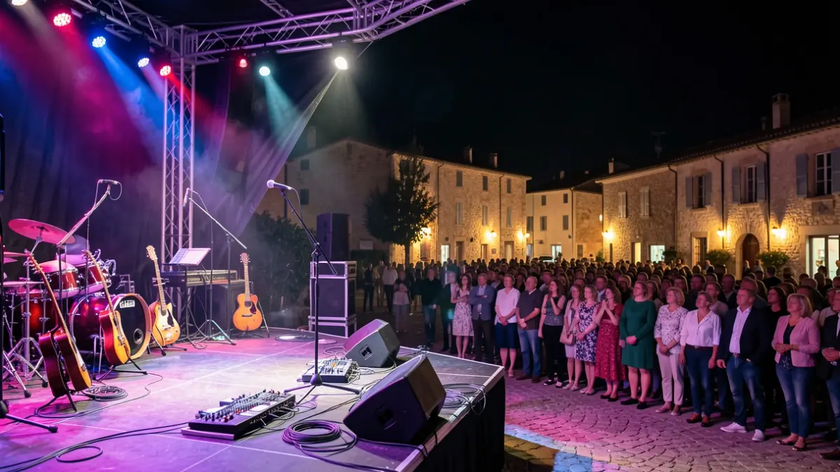 Empty concert stage at the Théâtre de l'Hélice in Contes, illuminated by spotlights, with musical instruments.