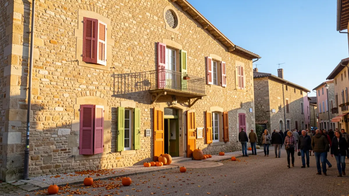 Facade of a Provençal town hall decorated for Halloween with pumpkins.