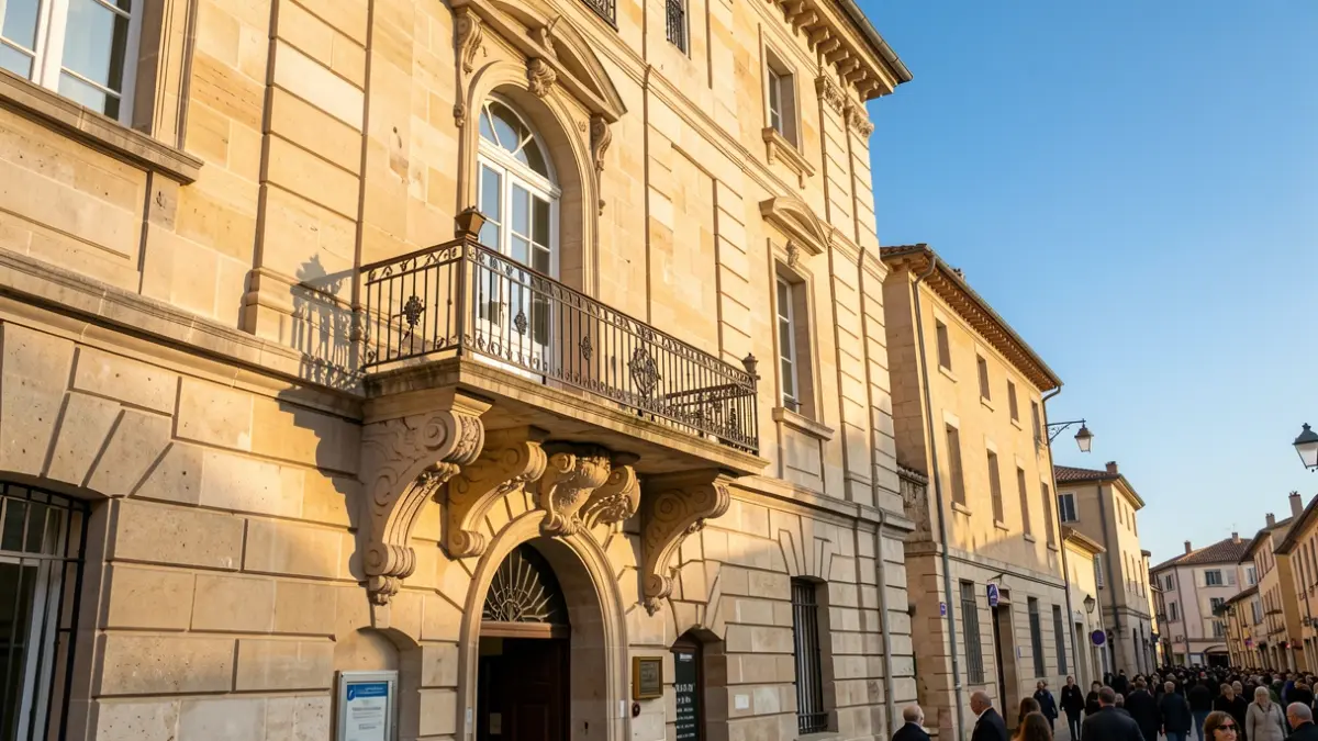 Stone facade of a Provence-Alpes-Côte d'Azur town hall with an ornate balcony and iron railings, warm afternoon sunlight casting shadows on the sandstone walls, blue sky.