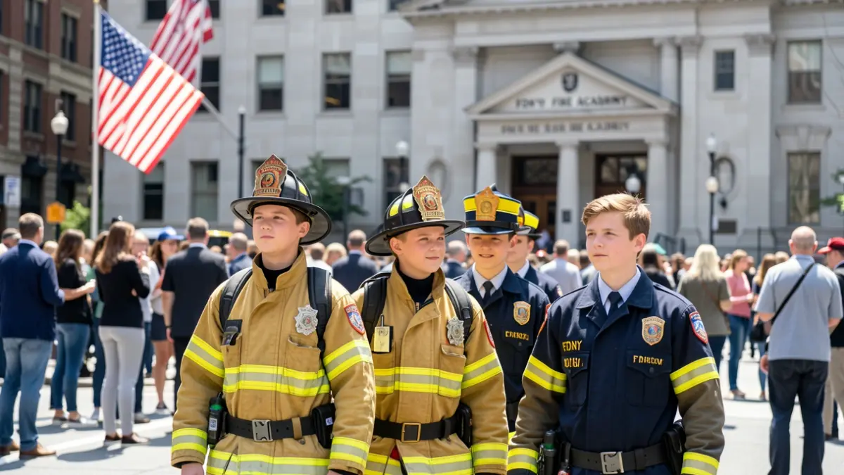 Generic image of young French firefighters in front of the FDNY Fire Academy in New York.