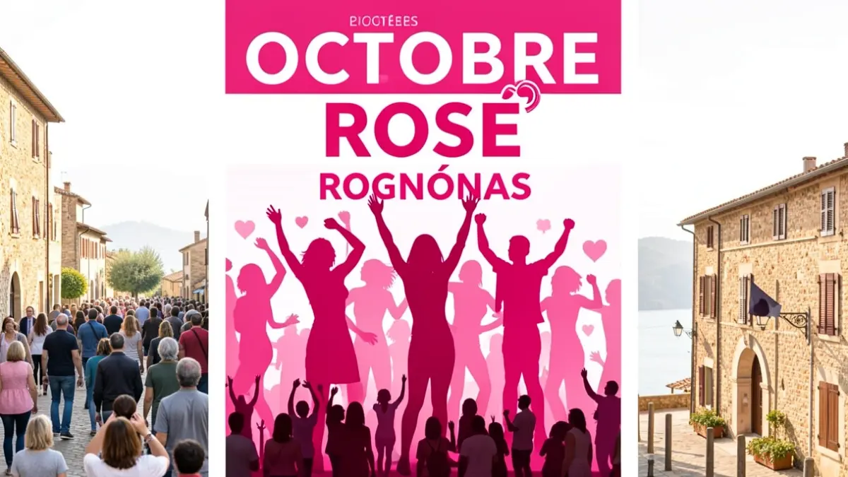 Affiche promotionnelle pour une journée fitness 'Octobre Rose' à Rognonas, avec des silhouettes dynamiques de participants et des couleurs vives.