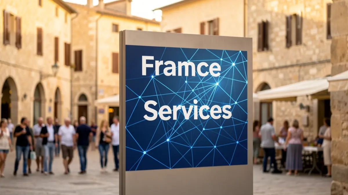 Image générique de l'événement France Services avec un signe et des éléments numériques.