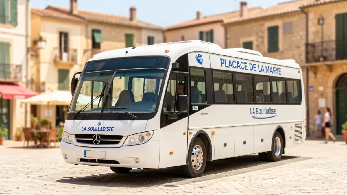 Mobile mental health bus parked on the Place de la Mairie in La Bouilladisse, with local architecture in the background.