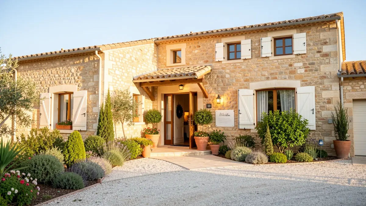 Generic image of the renovated entrance of a funeral home in Bandol, with new landscaping.