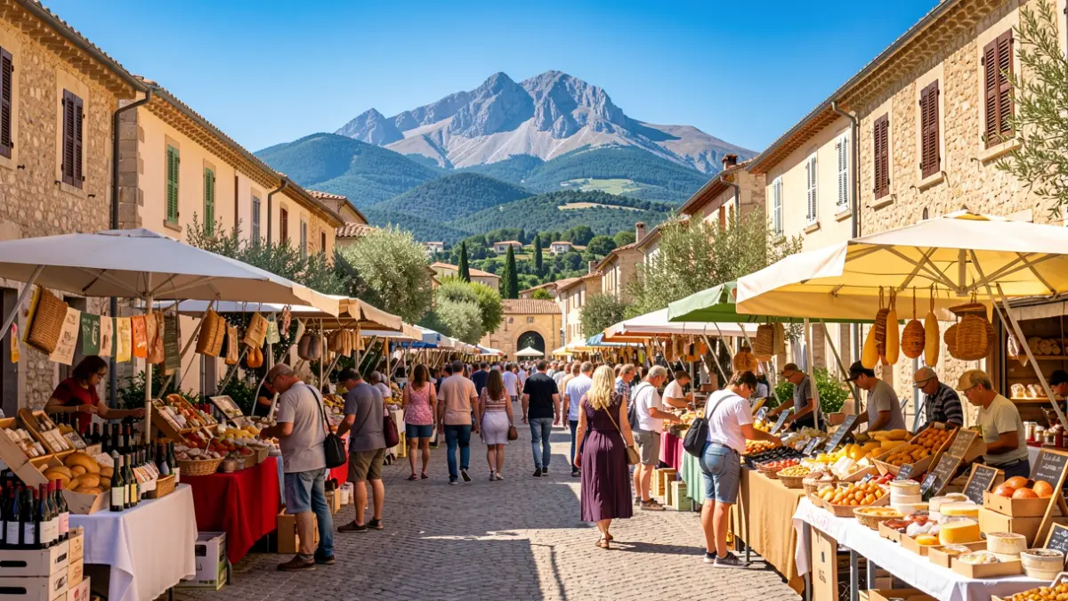 Image générique de la Fête des Saveurs du Parc du Mont-Ventoux avec des produits locaux et le Mont Ventoux en arrière-plan.