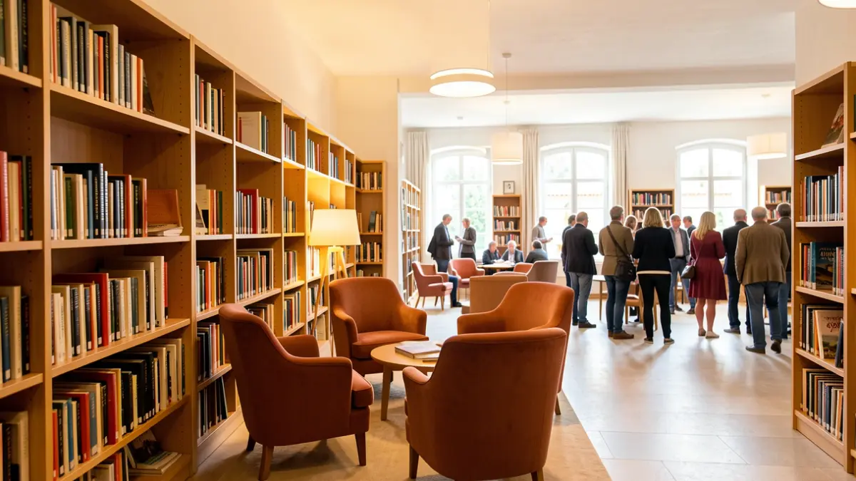 Interior of a bright and modern library media center in Provence, with shelves filled with books and a welcoming reading nook.