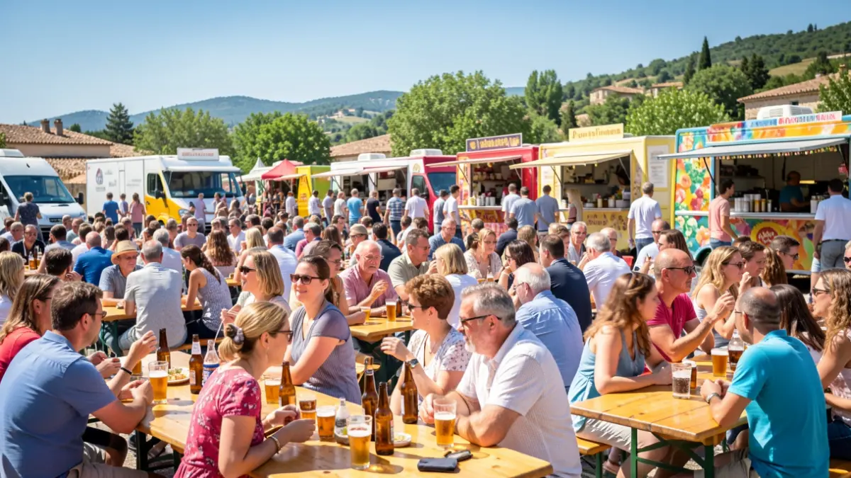 Generic image of an outdoor beer festival with tables, food trucks, and a festive atmosphere.