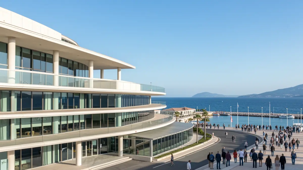 Le Palais des Festivals et des Congrès de Cannes, architecture moderne avec la mer en arrière-plan.