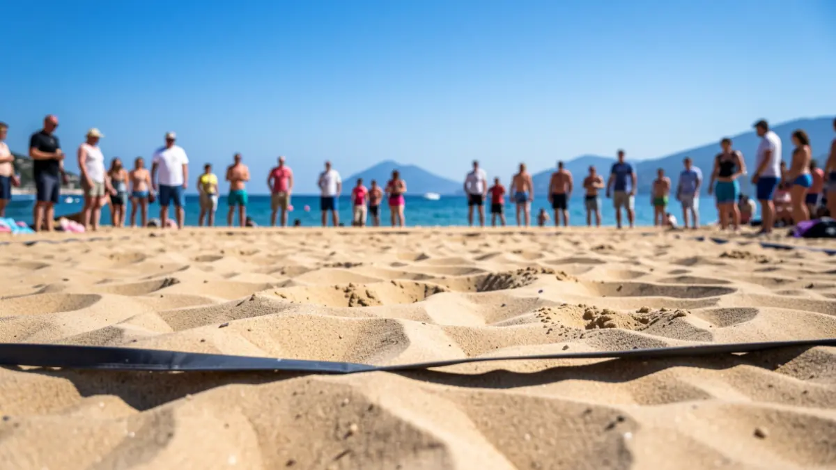 Image générique de tapis de lutte sur sable avec la mer Méditerranée en arrière-plan.