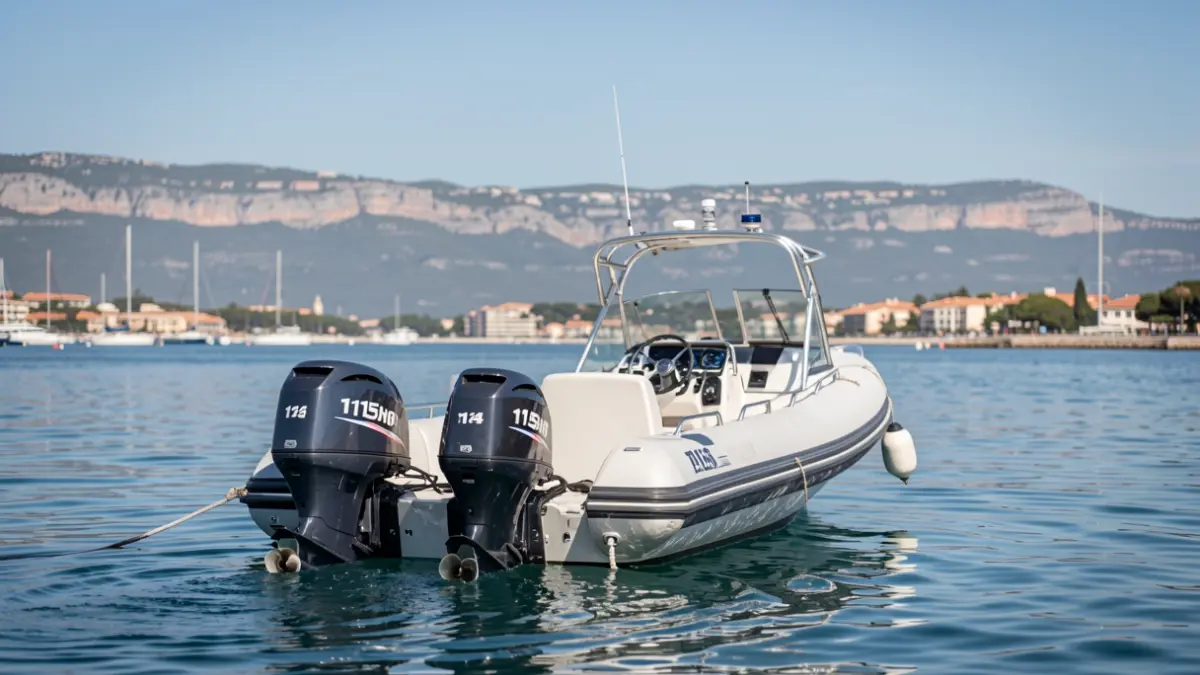 Image générique d'un bateau de sauvetage semi-rigide amarré dans une baie.