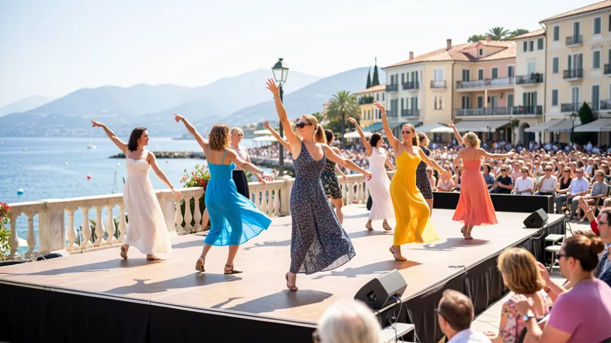 Scène de danse en plein air sur une promenade à Cannes, avec la Méditerranée en arrière-plan et des danseurs en mouvement.