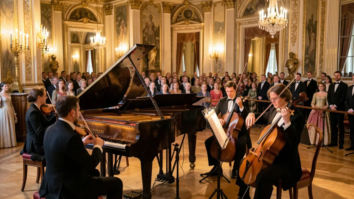 Image générique d'un concert baroque dans un cadre historique.