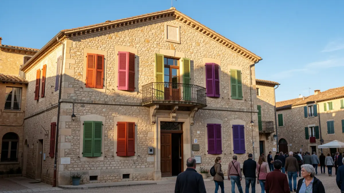 Facade of the Trans-en-Provence town hall, a stone building in traditional Provençal architectural style, featuring an ornate balcony and colorful shutters. Warm afternoon sunlight illuminates the building.